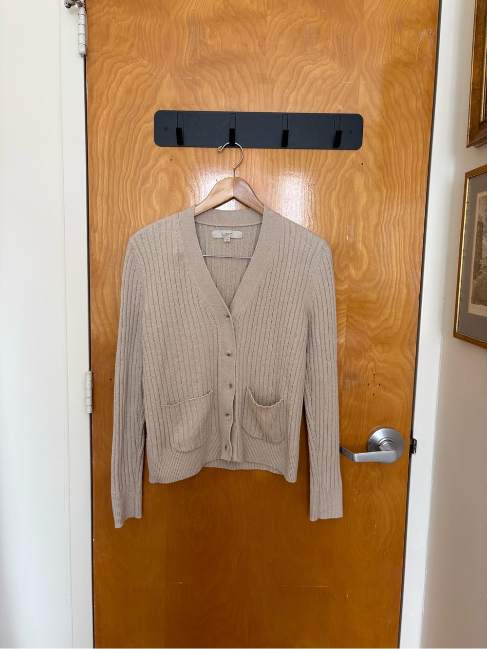 LOFT Beige Ribbed V-Neck Button Cardigan